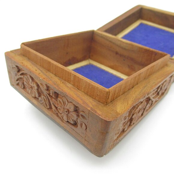 Vintage Hand-Carved Rosewood Stash & Jewelry Box With Brass Inlaid Leaf & Floral - Picture 10 of 13